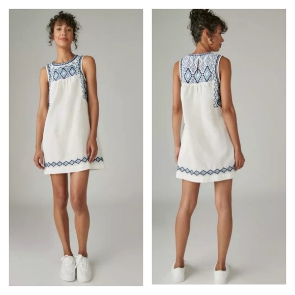 Lucky Brand Boho Blue Embroidered White Cotton Linen Blend Shift Dress Sz Small - Picture 1 of 12